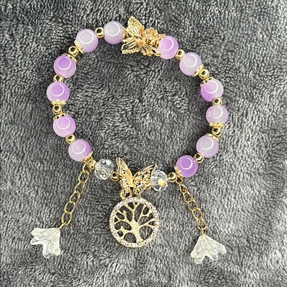 Butterfly 🦋 🌺 Flower & Tree of Life Gold & Purple Dangling 3d Charm Bracelet - Picture 2 of 10